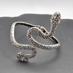 VTG Rhinestone Encrusted Snake Bracelet 8" Silver-Tone Wrap Hinged Textured